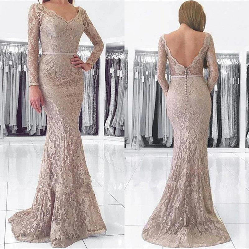 Long Mermaid V-neck Backless Lace Prom Dress with Sleeves by BIZTUNNEL
