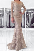 Long Mermaid V-neck Backless Lace Prom Dress with Sleeves by BIZTUNNEL