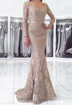 Long Mermaid V-neck Backless Lace Prom Dress with Sleeves by BIZTUNNEL