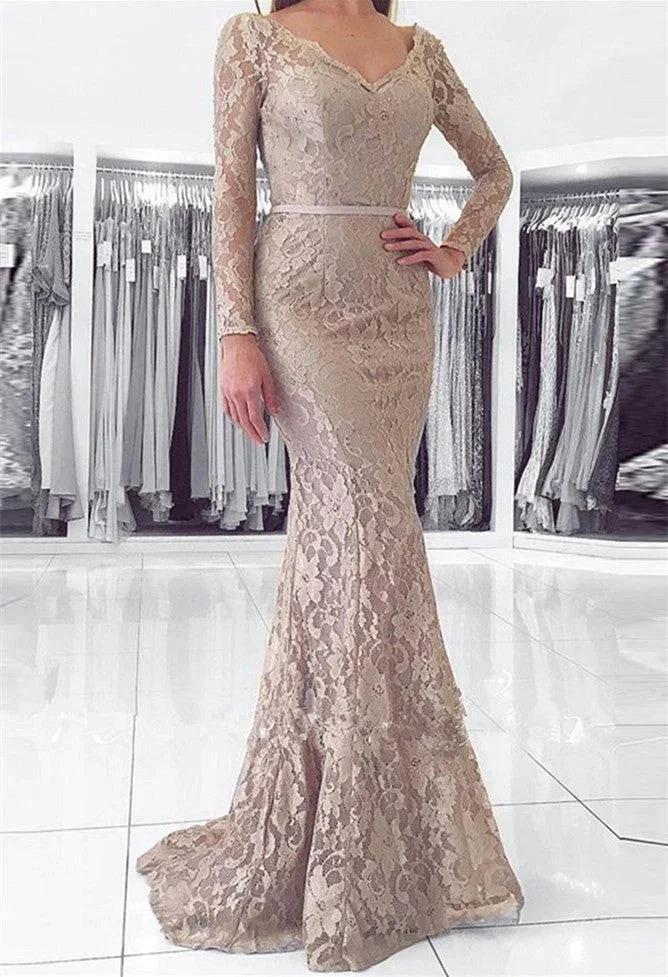 Long Mermaid V-neck Backless Lace Prom Dress with Sleeves by BIZTUNNEL