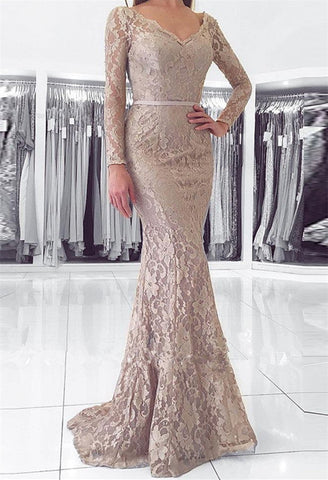 Vestido de fiesta largo de sirena con escote en V, espalda descubierta y encaje con mangas