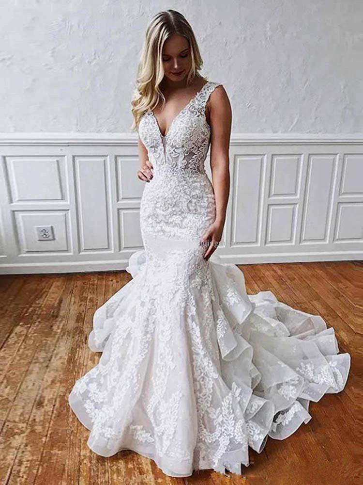 Long Mermaid V Neck Backless Lace Wedding Dresses by BIZTUNNEL