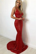 Long Mermaid V-neck Backless Sequined Formal Prom Dresses by BIZTUNNEL