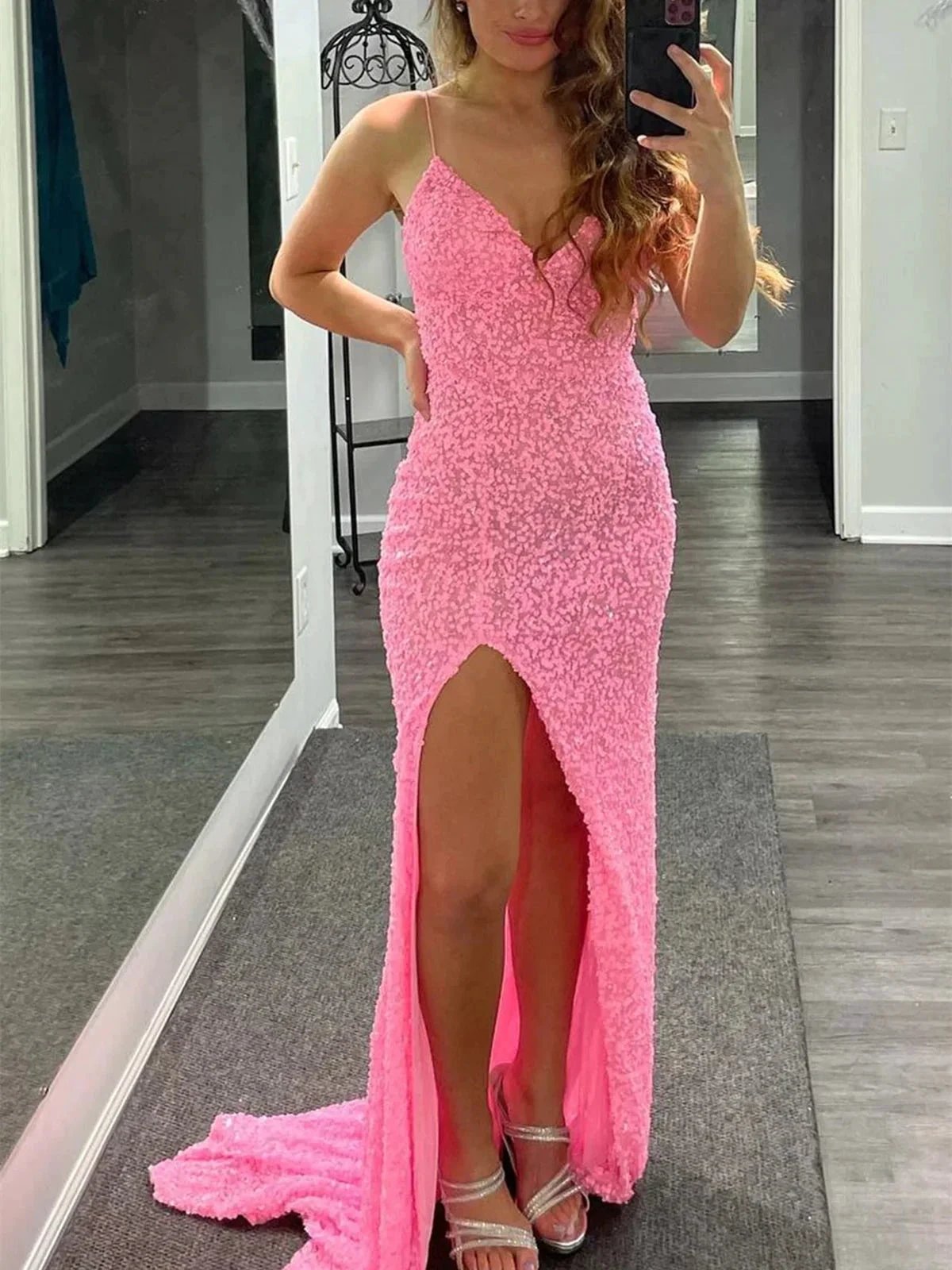 Long Mermaid V Neck Backless Sequins Prom Dress with Slit Pink Formal Graduation Evening Dresses by BIZTUNNEL