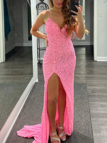 Vestido de fiesta largo de sirena con escote en V, espalda descubierta y lentejuelas con abertura, color rosa, para graduación y noche.