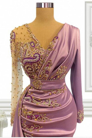 Vestido de fiesta largo de sirena con escote en V, satén con cuentas y mangas