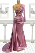 Long Mermaid V-neck Beading Satin Prom Dress with Sleeves by BIZTUNNEL