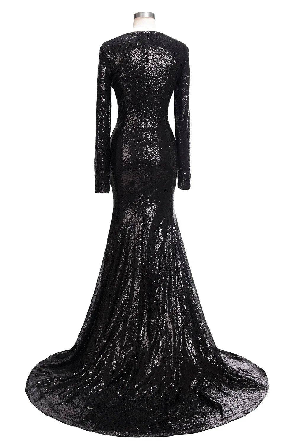 Long Mermaid V-Neck Black Sequins Prom Dresses with Sleeves by BIZTUNNEL