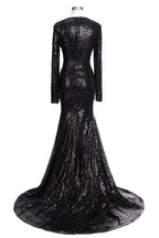 Long Mermaid V-Neck Black Sequins Prom Dresses with Sleeves by BIZTUNNEL