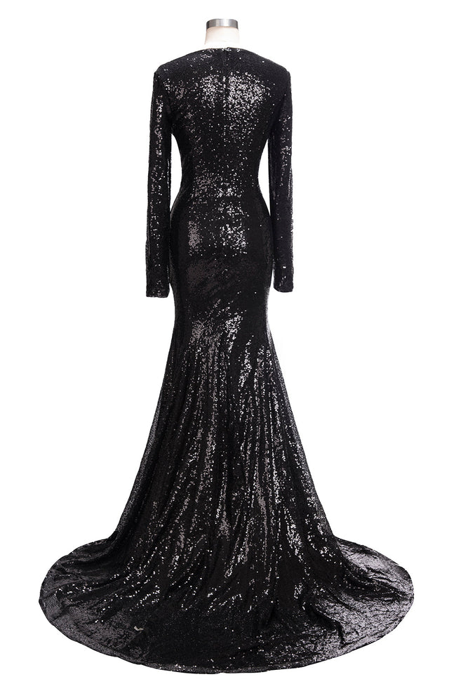 Long Mermaid V-Neck Black Sequins Prom Dresses with Sleeves Main Image