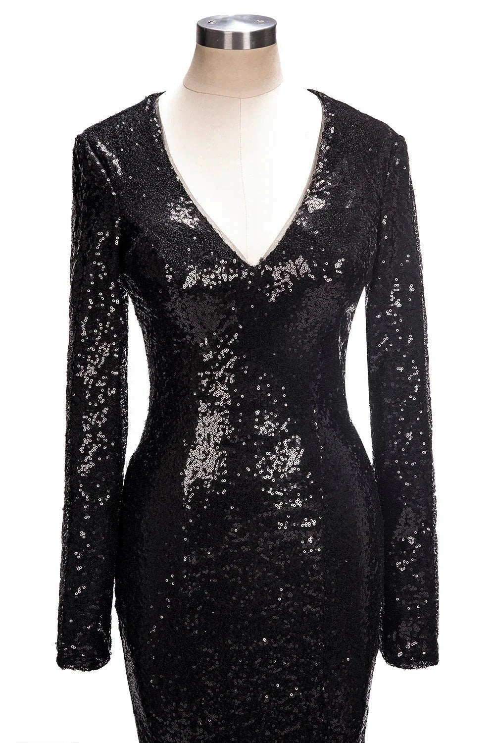 Long Mermaid V-Neck Black Sequins Prom Dresses with Sleeves by BIZTUNNEL