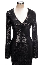 Long Mermaid V-Neck Black Sequins Prom Dresses with Sleeves by BIZTUNNEL