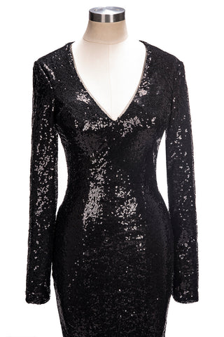 Vestido de fiesta largo de sirena con escote en V y lentejuelas negras con mangas