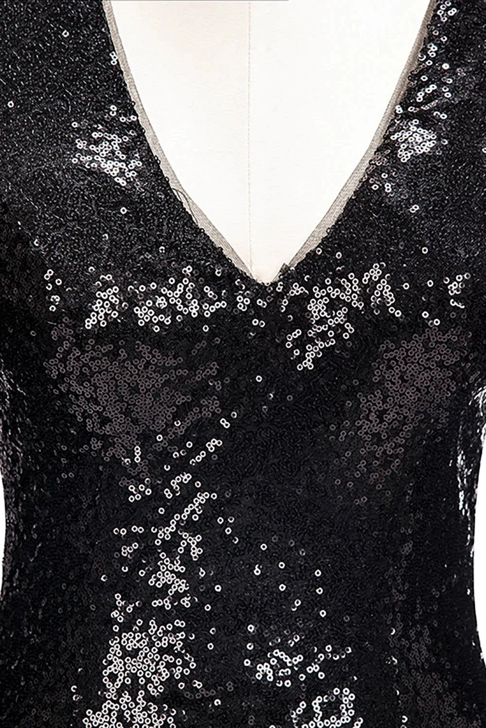 Long Mermaid V-Neck Black Sequins Prom Dresses with Sleeves by BIZTUNNEL