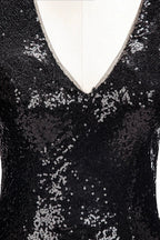 Long Mermaid V-Neck Black Sequins Prom Dresses with Sleeves by BIZTUNNEL