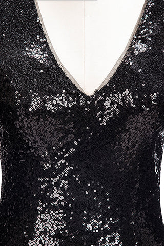 Vestido de fiesta largo de sirena con escote en V y lentejuelas negras con mangas