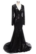 Long Mermaid V-Neck Black Sequins Prom Dresses with Sleeves by BIZTUNNEL