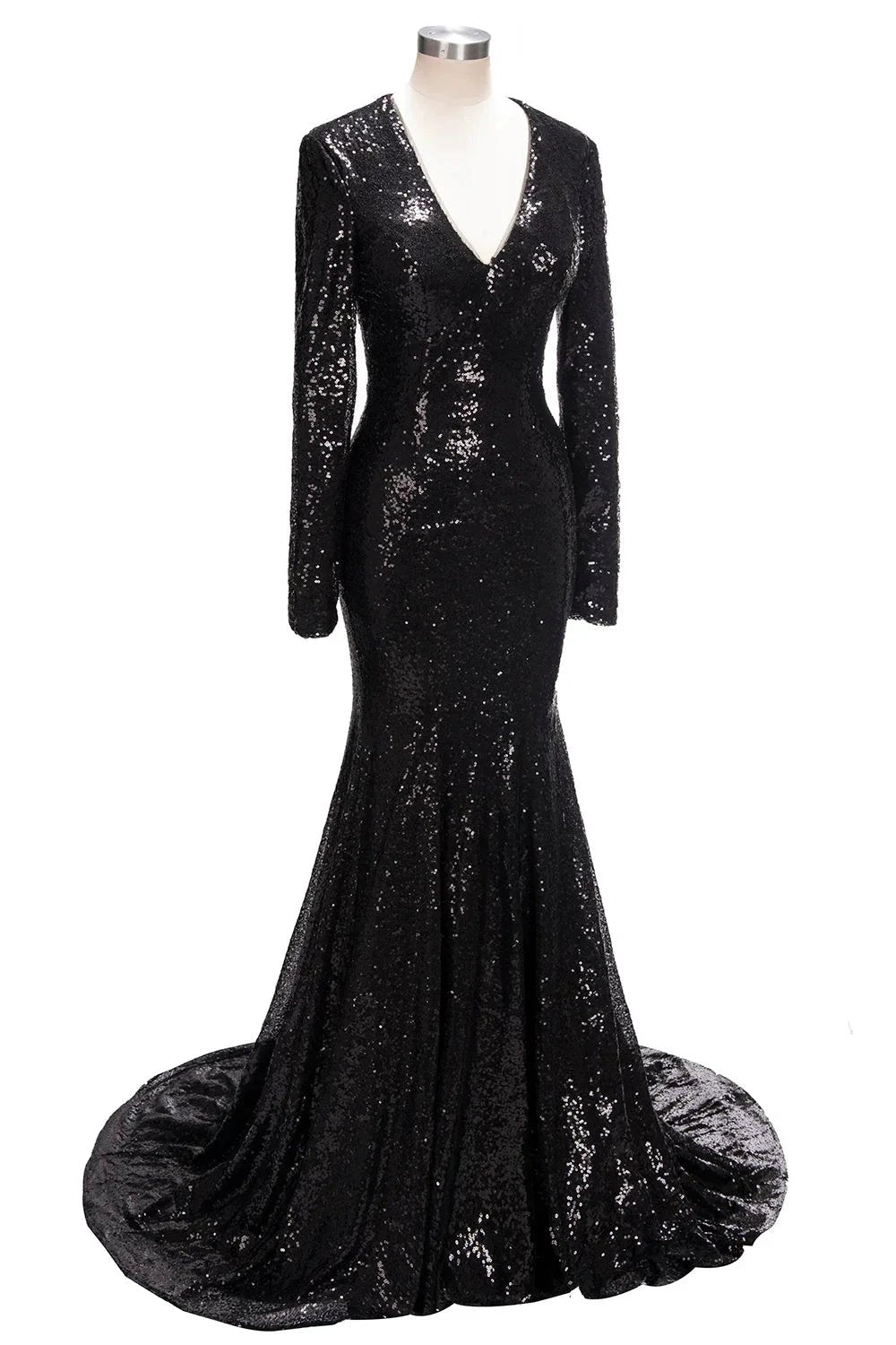 Long Mermaid V-Neck Black Sequins Prom Dresses with Sleeves by BIZTUNNEL