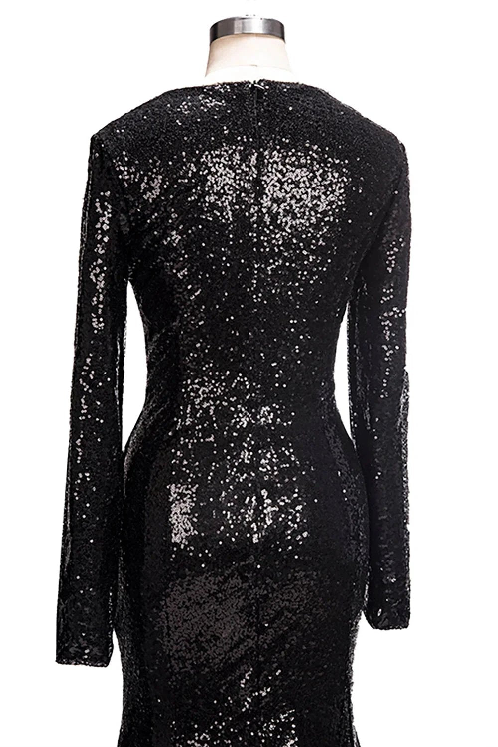 Long Mermaid V-Neck Black Sequins Prom Dresses with Sleeves by BIZTUNNEL