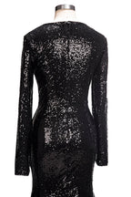 Long Mermaid V-Neck Black Sequins Prom Dresses with Sleeves by BIZTUNNEL