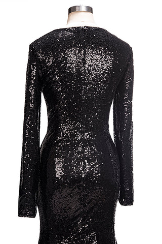 Vestido de fiesta largo de sirena con escote en V y lentejuelas negras con mangas