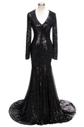 Long Mermaid V-Neck Black Sequins Prom Dresses with Sleeves by BIZTUNNEL