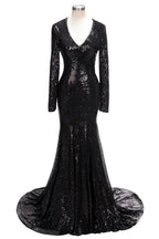 Long Mermaid V-Neck Black Sequins Prom Dresses with Sleeves by BIZTUNNEL