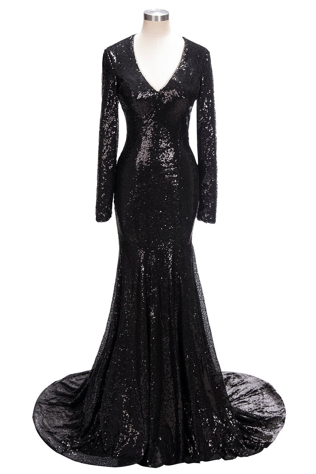 Long Mermaid V-Neck Black Sequins Prom Dresses with Sleeves Hover Image