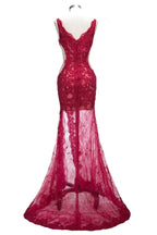 Long Mermaid V-neck Lace Appliques Prom Dresses with Slit by BIZTUNNEL