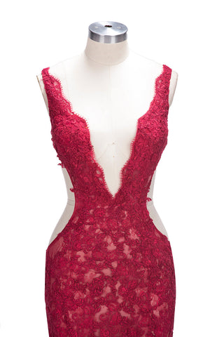 Vestidos de fiesta largos de sirena con escote en V y apliques de encaje con abertura