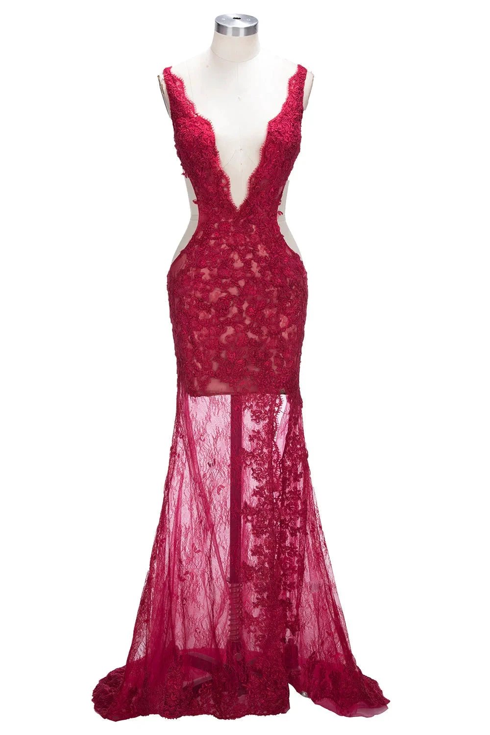 Long Mermaid V-neck Lace Appliques Prom Dresses with Slit by BIZTUNNEL