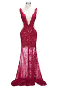 Long Mermaid V-neck Lace Appliques Prom Dresses with Slit by BIZTUNNEL