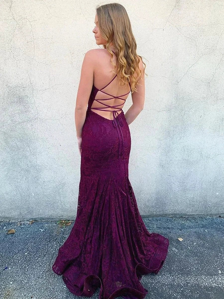 Long Mermaid V Neck Lace Backless Graduation Prom Dresses by BIZTUNNEL