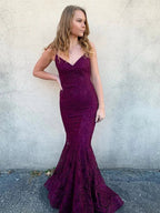 Long Mermaid V Neck Lace Backless Graduation Prom Dresses by BIZTUNNEL