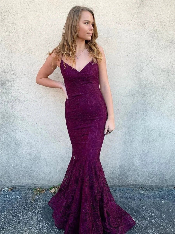 Long Mermaid V Neck Lace Backless Graduation Prom Dresses by BIZTUNNEL