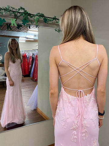 Long Mermaid V-neck Lace Backless Prom Dress Pink Formal Evening Dresses