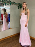 Long Mermaid V-neck Lace Backless Prom Dress Pink Formal Evening Dresses by BIZTUNNEL