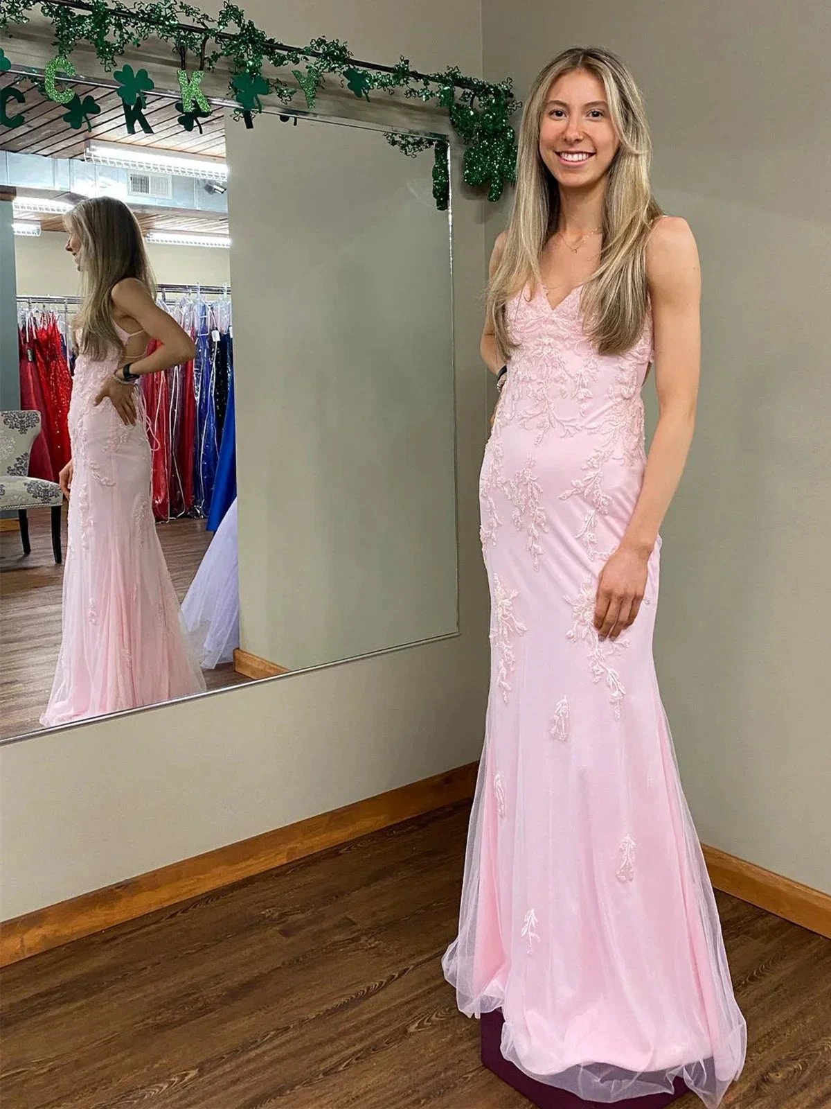 Long Mermaid V-neck Lace Backless Prom Dress Pink Formal Evening Dresses by BIZTUNNEL