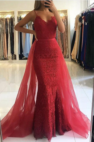 Vestido de fiesta largo de sirena con escote en V, encaje y cola de tul