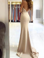 Long Mermaid V-neck Satin Backless Formal Prom Dresses with Slit by BIZTUNNEL