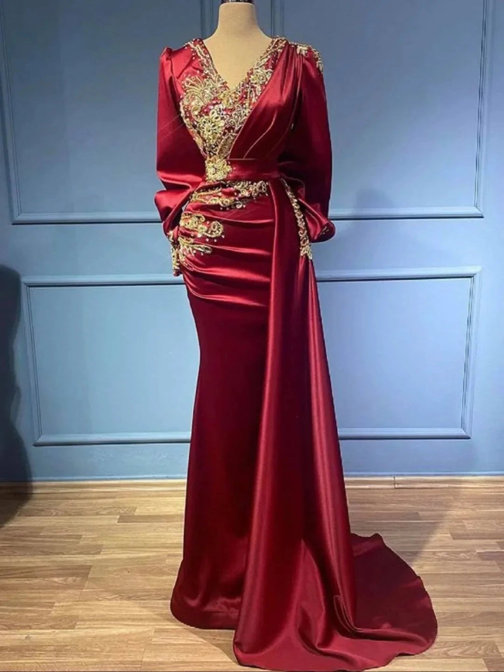 Long Mermaid V-neck Satin Beads Burgundy Prom Dress with Sleeves by BIZTUNNEL