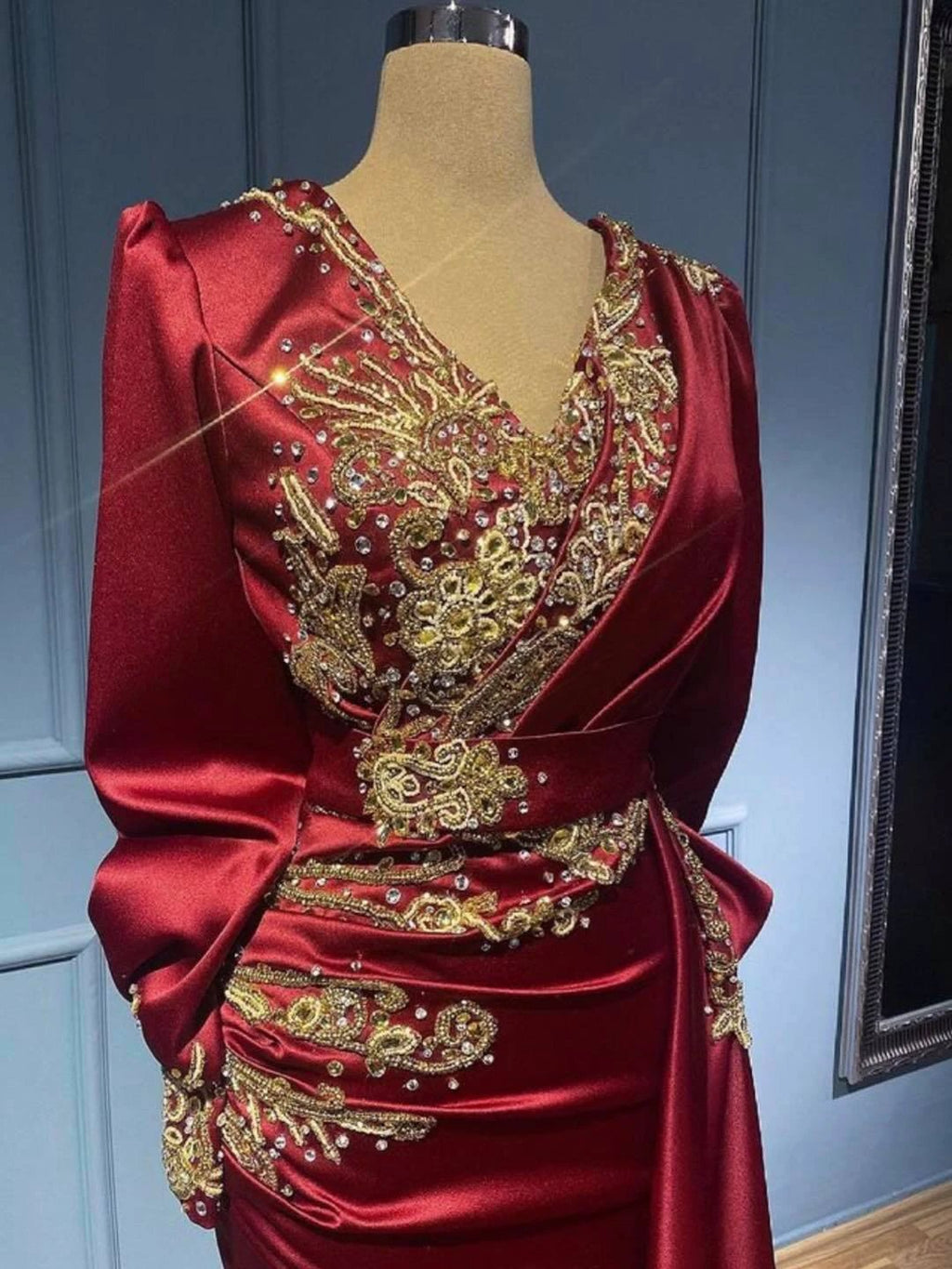 Long Mermaid V-neck Satin Beads Burgundy Prom Dress with Sleeves by BIZTUNNEL