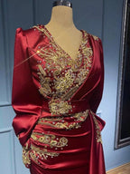 Long Mermaid V-neck Satin Beads Burgundy Prom Dress with Sleeves by BIZTUNNEL