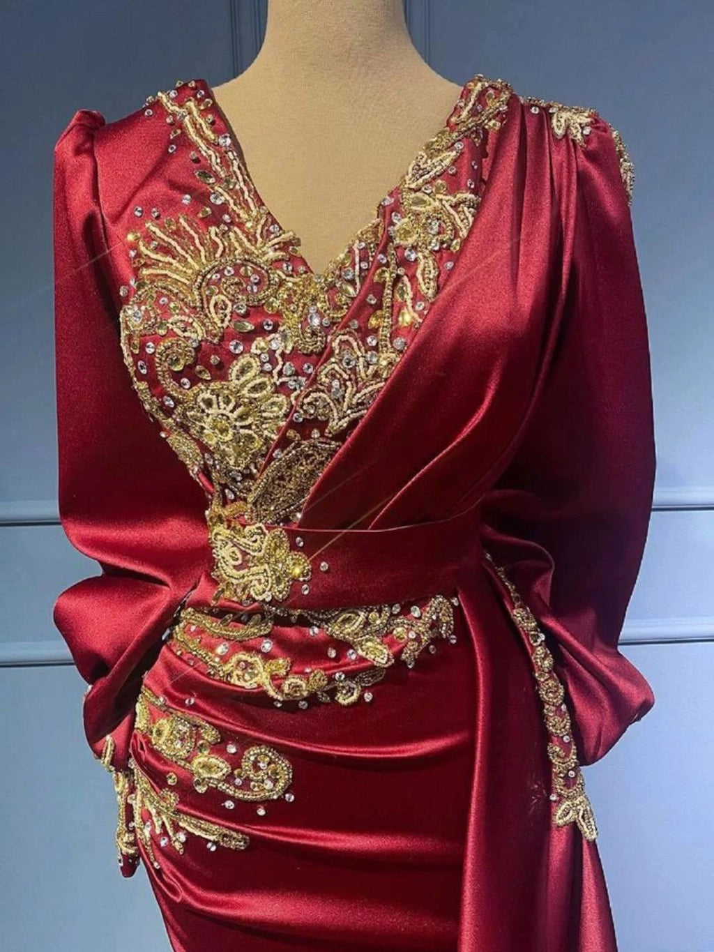 Long Mermaid V-neck Satin Beads Burgundy Prom Dress with Sleeves by BIZTUNNEL