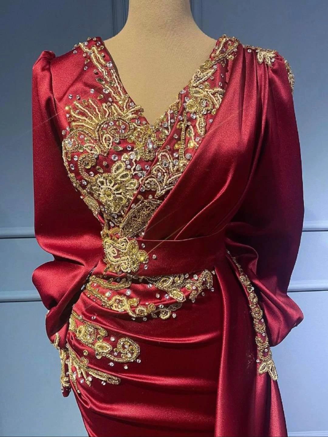 Long Mermaid V-neck Satin Beads Burgundy Prom Dress with Sleeves by BIZTUNNEL