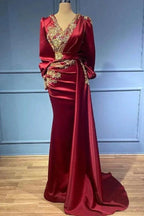 Long Mermaid V-neck Satin Beads Burgundy Prom Dress with Sleeves by BIZTUNNEL