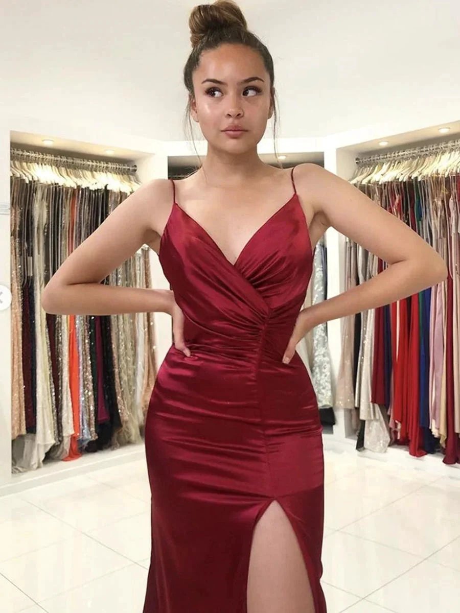 Long Mermaid V-neck Satin Formal Graduation Prom Dresses with Slit by BIZTUNNEL