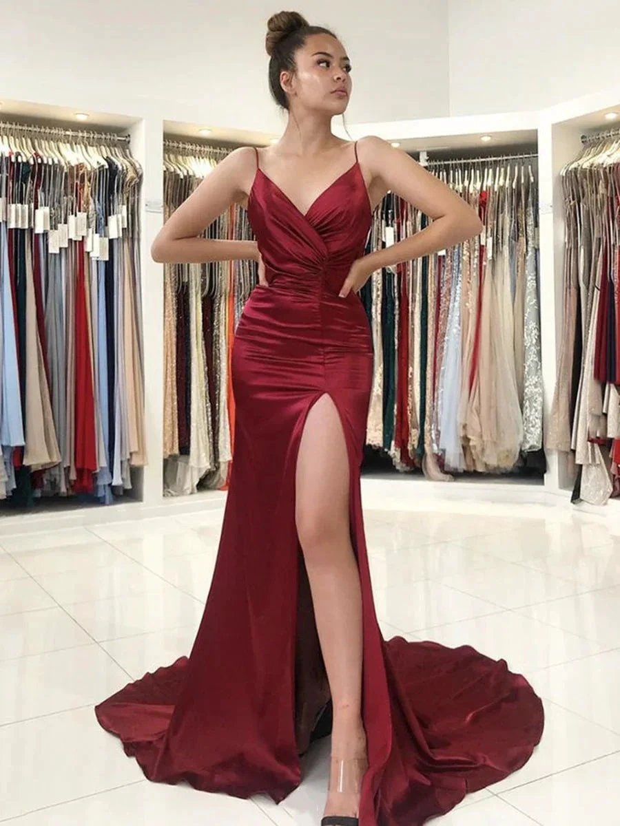 Long Mermaid V-neck Satin Formal Graduation Prom Dresses with Slit by BIZTUNNEL