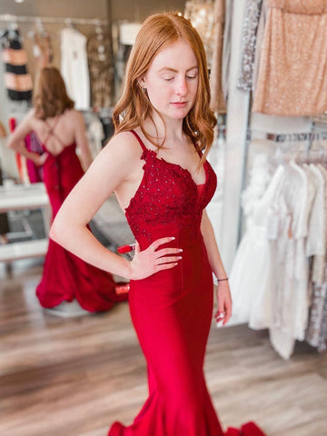 Vestidos de fiesta formales de satén con escote en V y espalda abierta de sirena