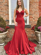 Long Mermaid V-neck Satin Prom Dress Burgundy Open Back Formal Evening Gowns by BIZTUNNEL